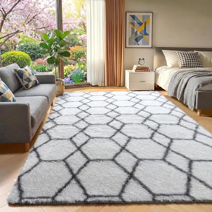 Area Rugs for Bedroom Living Room, 4x6 Fluffy White and Grey Geometric Rug | by ONASAR