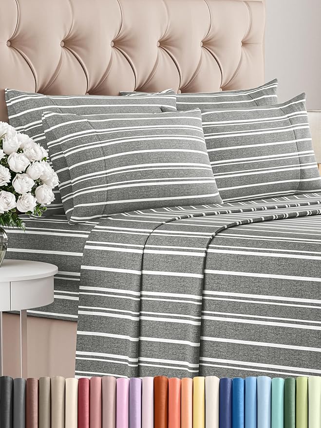 Queen 6 Piece Sheet Set - Comfy Breathable & Cooling - Soft Hotel Luxury Bedding Set with 8-16 Inch Deep Pockets - 1 Flat & 1 Fitted Sheet & 4 Pillowcases - Wrinkle Free & Easy Care - Grey Stripes 3