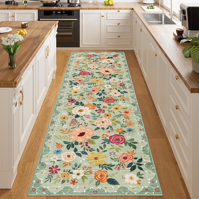 DUKINO 3x10 Runner Rug, Floral Washable Kitchen Runner Rug Non Slip, Low Pile - Image 3