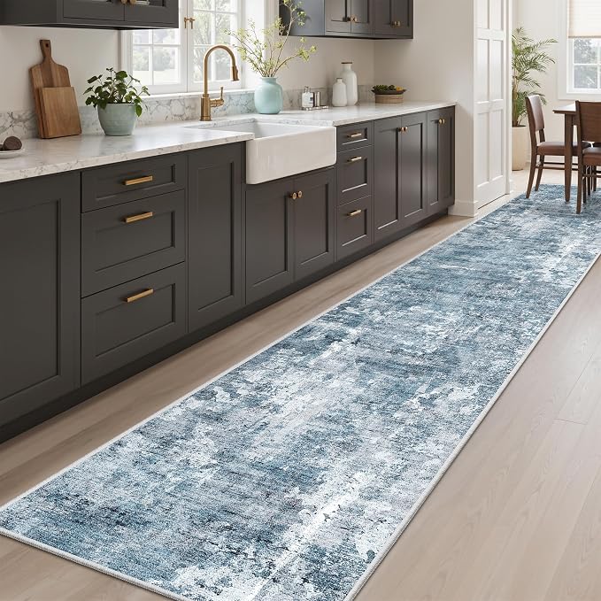 Soalmost Abstract Runner Rug 2x10 Hallway Kitchen Runners Blue/Grey | Stain - Image 2