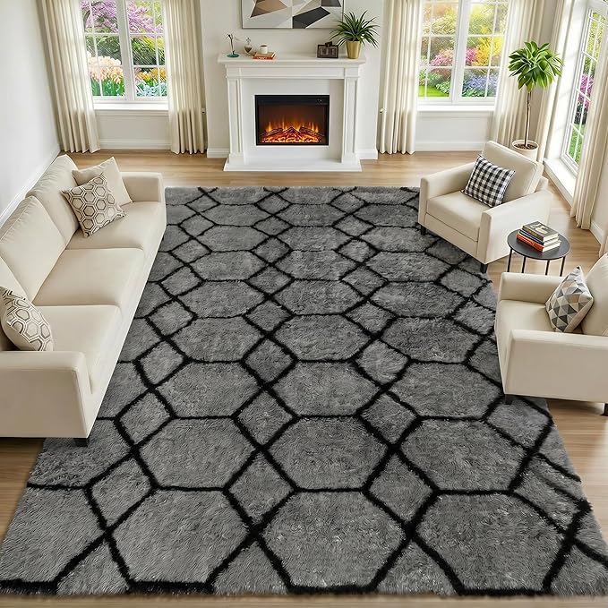 5x7 Area Rugs for Living Room Bedroom, Fluffy Grey and Black Geometric Rug | - Image 5
