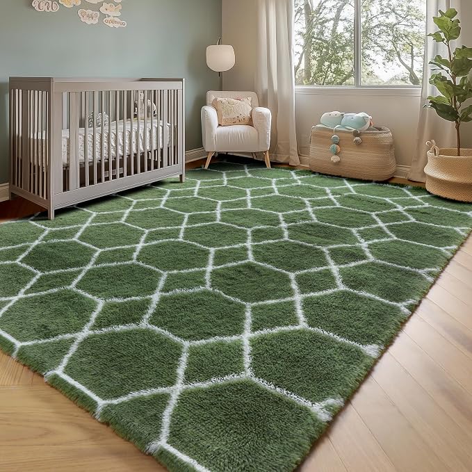 5x7 Area Rugs for Living Room Bedroom, Fluffy Olive Green and White Rug | - Image 8