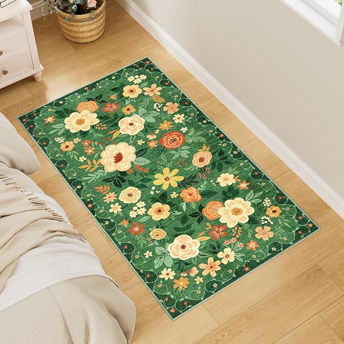 DUKINO 2x4 Entryway Rug, Floral Washable Kitchen Rugs Non Slip, Dark Green | - Image 2