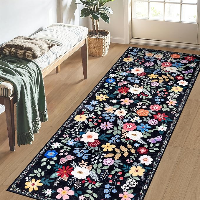 PLHXFR 2.6x8 Washable Runner Rug：Floral Indoor Kitchen Soft Carpet Black | - Image 3