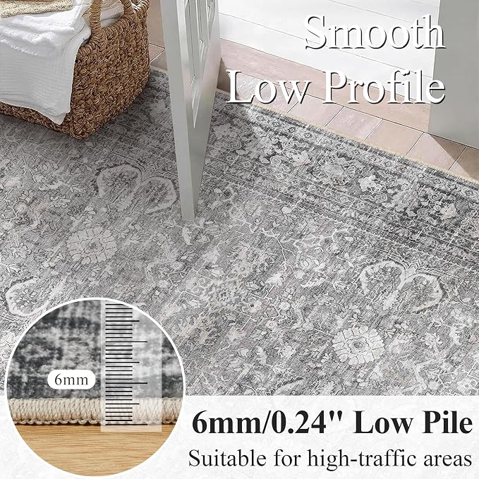 Schweek Grey 5x7 Area Rug for Living Room Washable Vintage Neutral Rugs | Non - Image 4