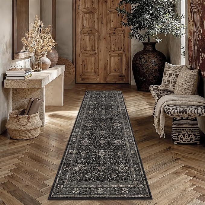 Schweek 2.6x8 Runner Rugs Non Slip Vintage Floral Washable Runner Black | - Image 3