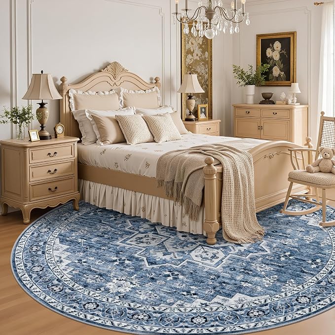 Round Area Rug for Living Room: 8ft Washable Rug for Bedroom Blue | Vintage - Image 4