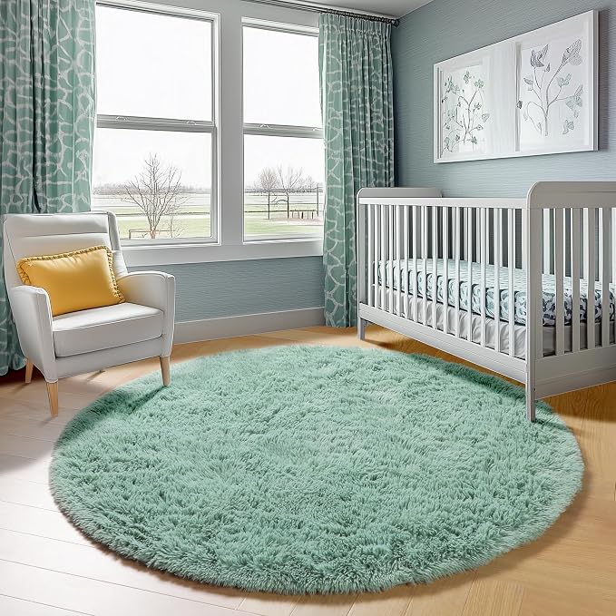 Sage Green Round Rug 4ft, Fluffy Circle Area Rugs - Image 7