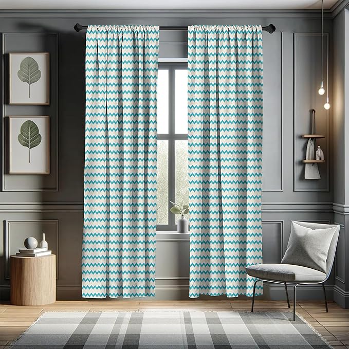 Ambesonne Teal Curtains, Horizontal Zigzag Lines Chevron Triangles Pattern Simple Classical Geometric Design, Window Treatments 2 Panel Set for Living Room Bedroom, Pair of - 28" x 84", Cream Teal