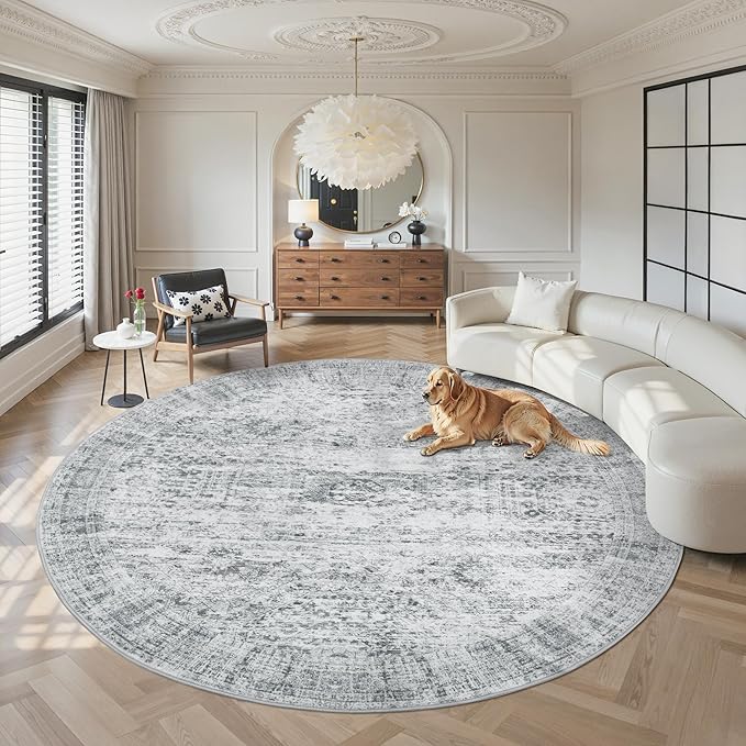 Soalmost Round Rugs 9ft Living Room Circle Area Rug 9x9 Grey Vintage | Washable by Soalmost