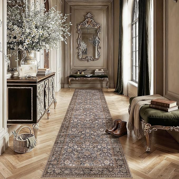 2'6''x12' Brown Blue Vintage Floral Washable Runner Rug by HUGEAR