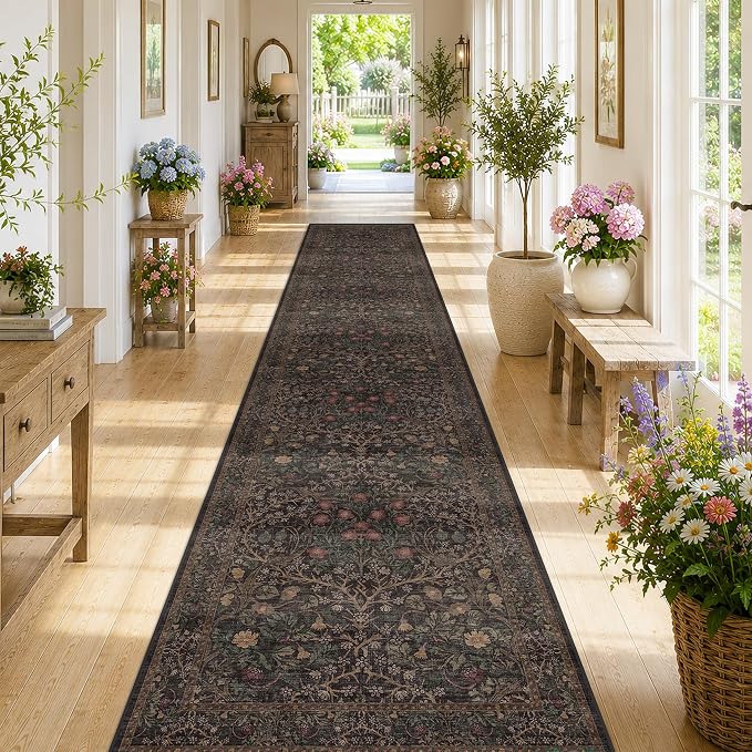 Dark Brown Boho Washable 3x12 Extra Long Runner Rug by HazoHaus
