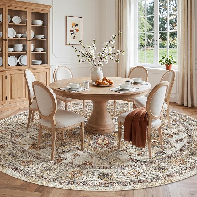 Madane Washable 8ft Circle Round Rug, 8x8 Circular Area Rugs, Turmeric/Grey | - Image 3