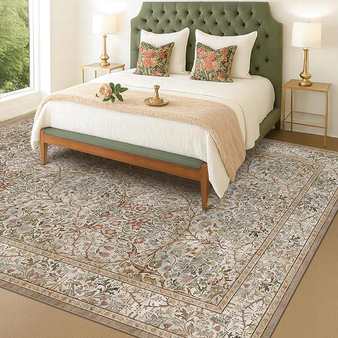 Vintage Moss Green Living Room Rug, Neutral Taupe 8x10 Washable Area Rugs - Image 6