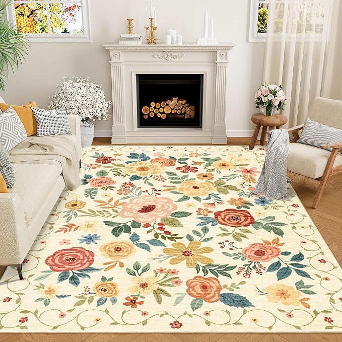 DUKINO 9x12 Area Rug for Living Room, Washable Rug Non Slip, Low Pile, Floral by DUKINO