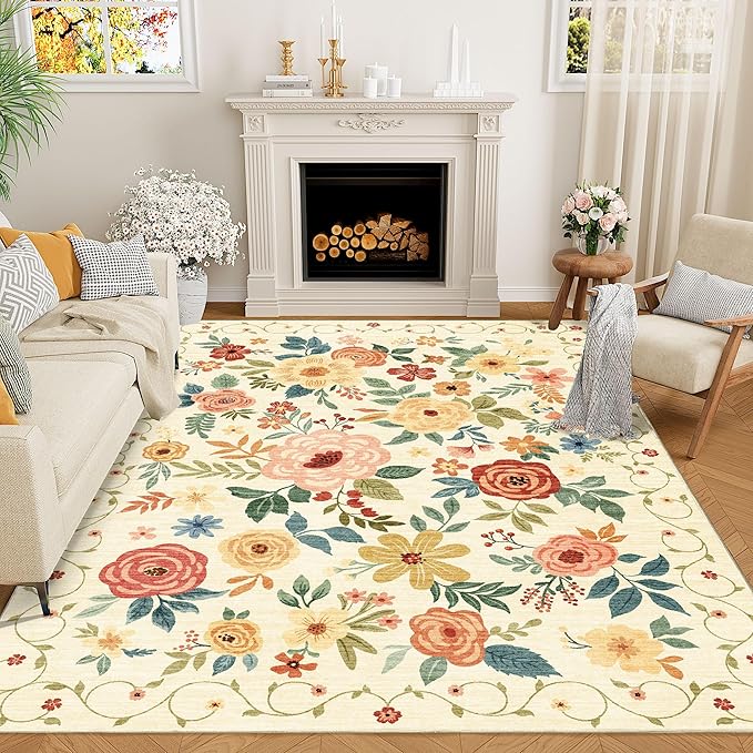 DUKINO 5x7 Area Rug Floral Washable Living Room Rug Non Slip Beige Yellow | Soft by DUKINO