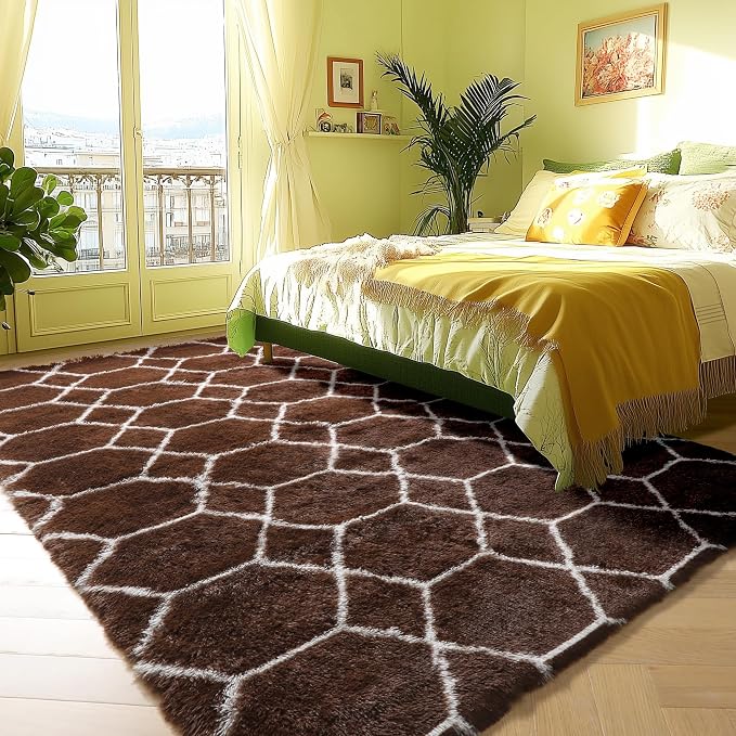 5x7 Area Rugs for Living Room Bedroom, Fluffy Brown and White Geometric Rug | - Image 5