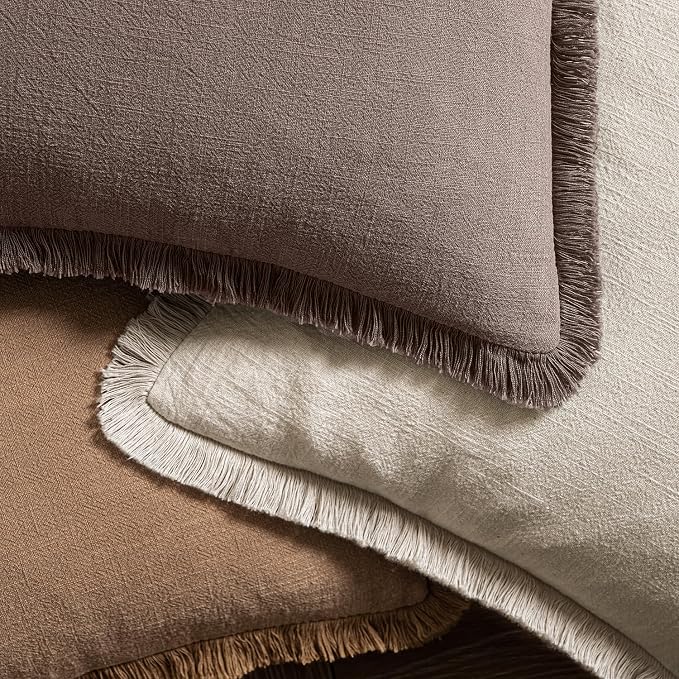 MIULEE Linen Fringe Decorative Fall Euro Pillow Covers Malt Ball 22x22 | Set of - Image 4