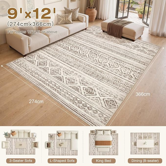 cotiled Boho 9x12 Area Rug for Living Room: Large Moroccan Washable Rug | Stain - Image 2