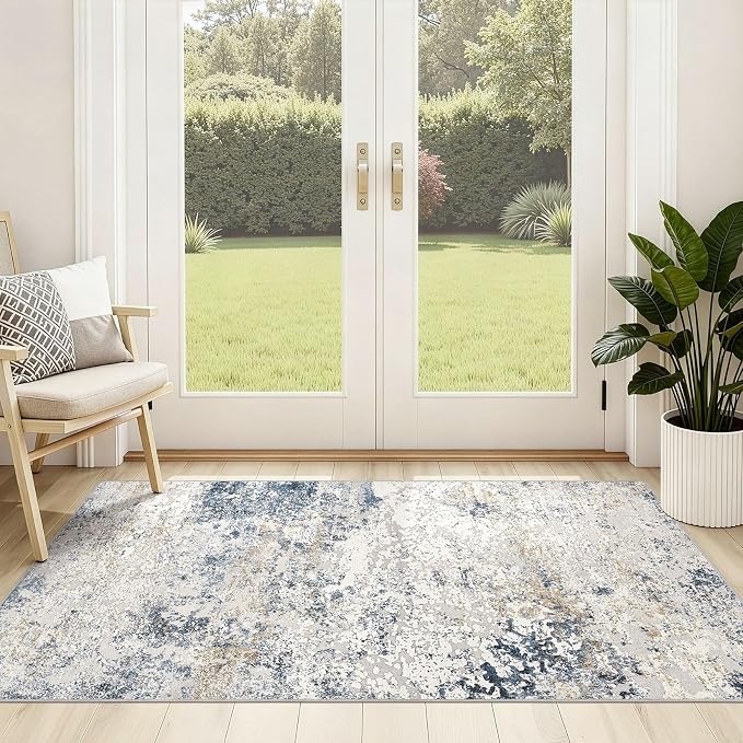 DMOYEST 3x5 Entryway Area Rug Washable Abstract Beige Blue Small Carpet | - Image 4