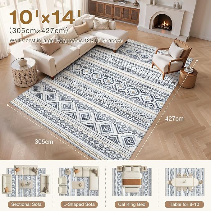 cotiled Boho 10x14 Area Rug for Living Room: Large Moroccan Washable Rug | - Image 7