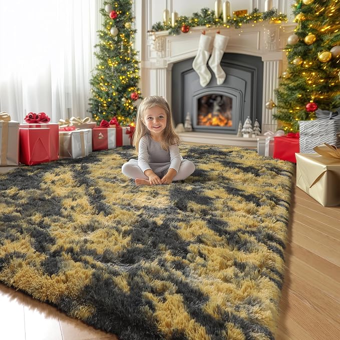 Amdrebio Black Gold Grey Fluffy Area Rug 5x7 - Image 7