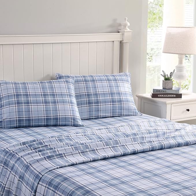 Laura Ashley - Flannel Sheets King Size, Anti-Pilling & Wrinkle Resistant Cotton, Touchably Soft for All-Season Comfort - Bed Sheets with Matching Pillowcases & Fitted Sheet (Mulholland Plaid Blue)