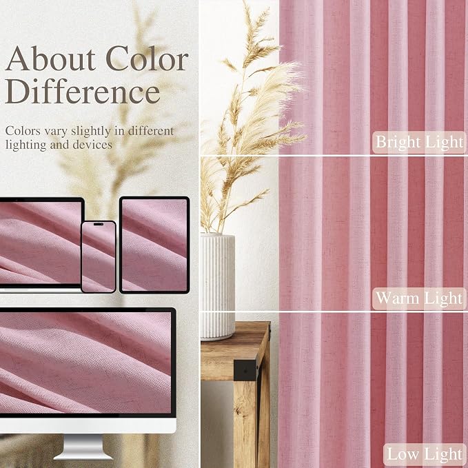 Rose Linen Curtains 108 Inches Long 2 Panels Set - Image 3