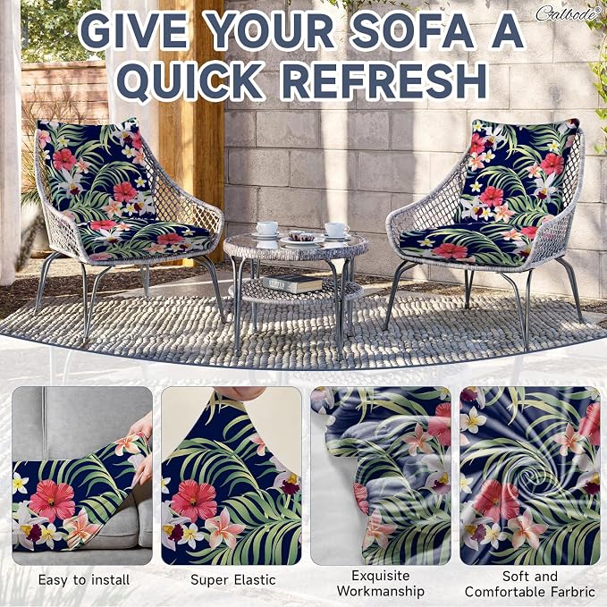 CALBODE 14 Pcs Stretch Outdoor Seat Cushion Covers, Tropical Floral, Suitable - Image 4