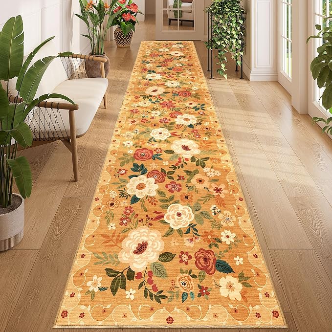 DUKINO 2.6x12 Kitchen Runner Rug, Floral Non Slip Long Washable Rug, Stain by DUKINO