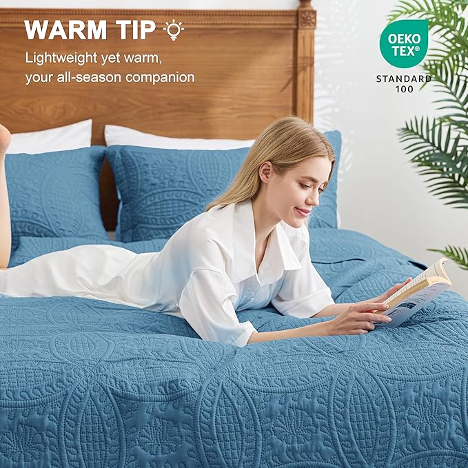 Love's cabin Twin Quilt Set Misty Blue Bedspreads Bedding Set - Soft Bed Lightweight Bedspread Comforter - Modern Style Coin Pattern Coverlet for All Season - 2 Pieces (1 Quilt, 1 Pillow Sham)