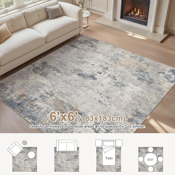 UERMEI Square Area Rugs : Washable 6x6 Neutral Modern Abstract Carpet - Image 4