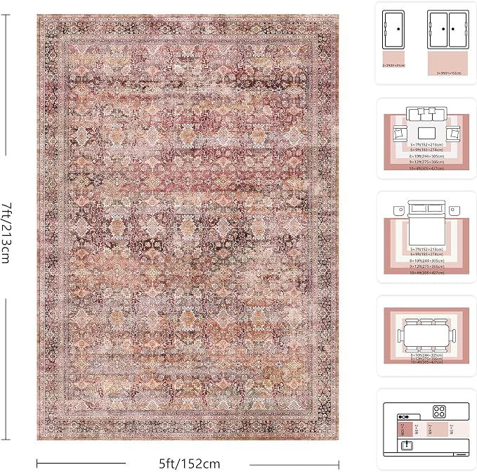5x7 Area Rugs - Washable Vintage Retro Living Room Rug, Soft Ultra Thin Non - Image 2