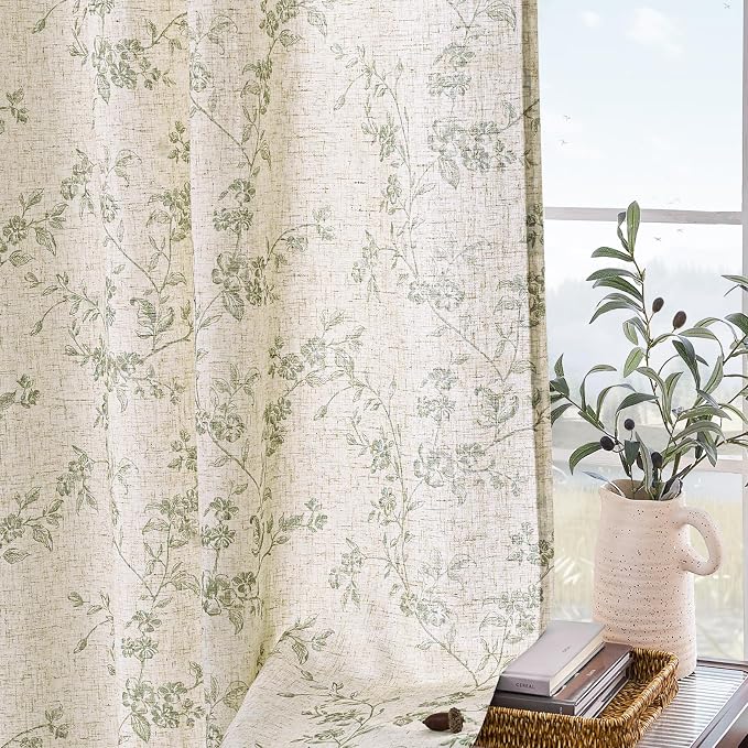 Green Vintage Floral Linen Curtains Farmhouse 50W X 63L 2 Panels | Elisa Series - Image 8