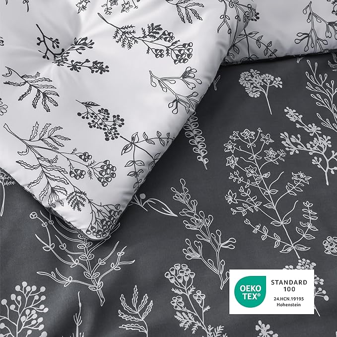 Bedsure King Comforter Set - Dark Grey Bed Set, 3 Pieces Cute Floral Bedding, 1 Soft Reversible Botanical Flowers Comforter and 2 Pillow Shams