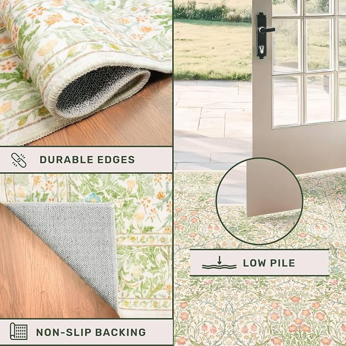 Light Beige Green Floral Living Room Rug, 7x9 Washable Area Rug - Image 6