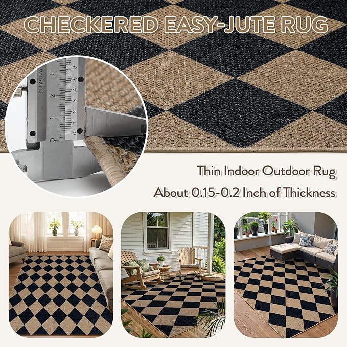 Lahome Checkered Easy Jute 5x7 Outdoor Rug, Washable Rugs - Image 4