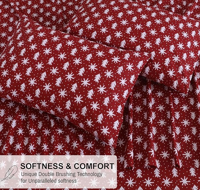 RUVANTI Flannel Sheets King Size - 100% Cotton Brushed King Size Sheets Set - Deep Pockets 16 Inches Bed Sheets - All Seasons Breathable & Extra Soft - Warm & Cozy, 4 Piece, Red Christmas