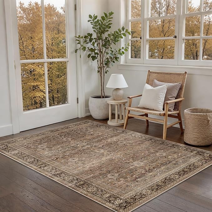 Schweek 4x6 Brown Area Rug Washable Non-Slip Vintage Floral Entryway Rugs | - Image 3
