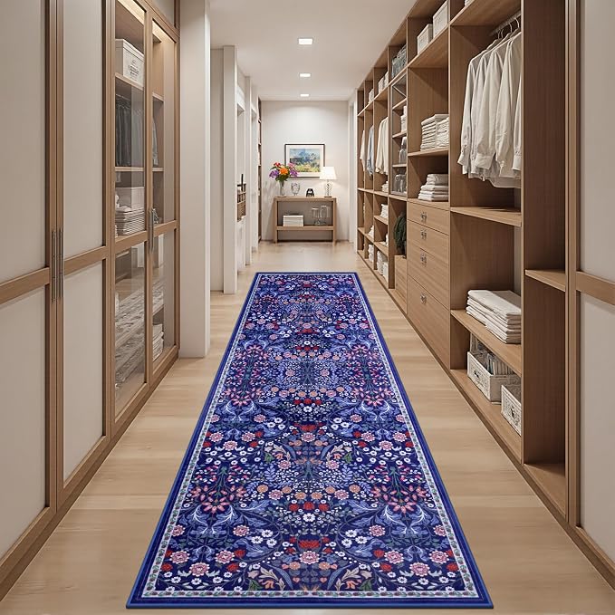 PLHXFR 2.6x10 Washable Runner Rug：Floral Indoor Kitchen Soft Carpet Blue | - Image 5