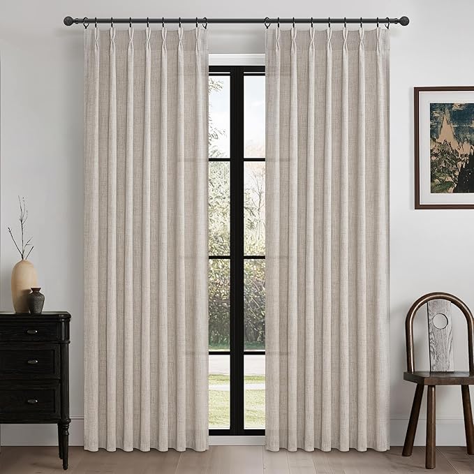 Semi Sheer Natural Linen Greyish Brown Curtains 86 Inches Long 2 Panels Set by PleatedDrapes