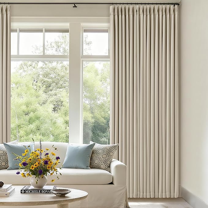Oatmeal 108 Inch Blackout Linen Pleated Curtains - Image 9