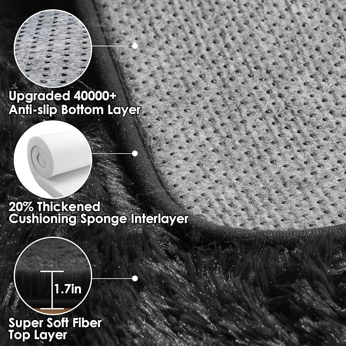 Black 8x10 Area Rugs for Living Room, Large Fluffy Shag Bedroom Rug, Ultra Soft - Image 3