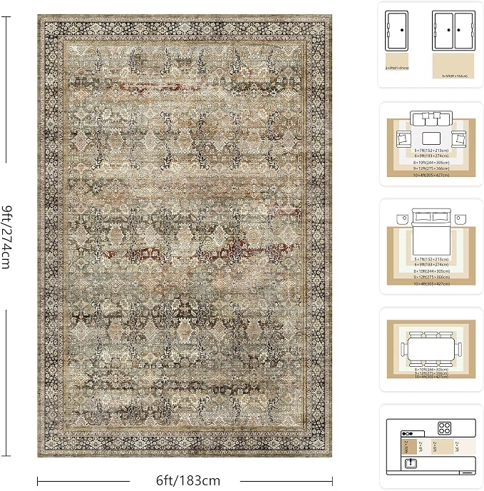 6x9 Area Rugs - Washable Vintage Retro Living Room Rug, Soft Ultra Thin Non - Image 2