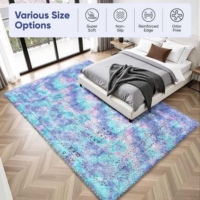 PLHXFR 9x12 Area Rugs Living Room: Fluffy Bedroom Soft Shag Rug Kid Rainbow | - Image 9