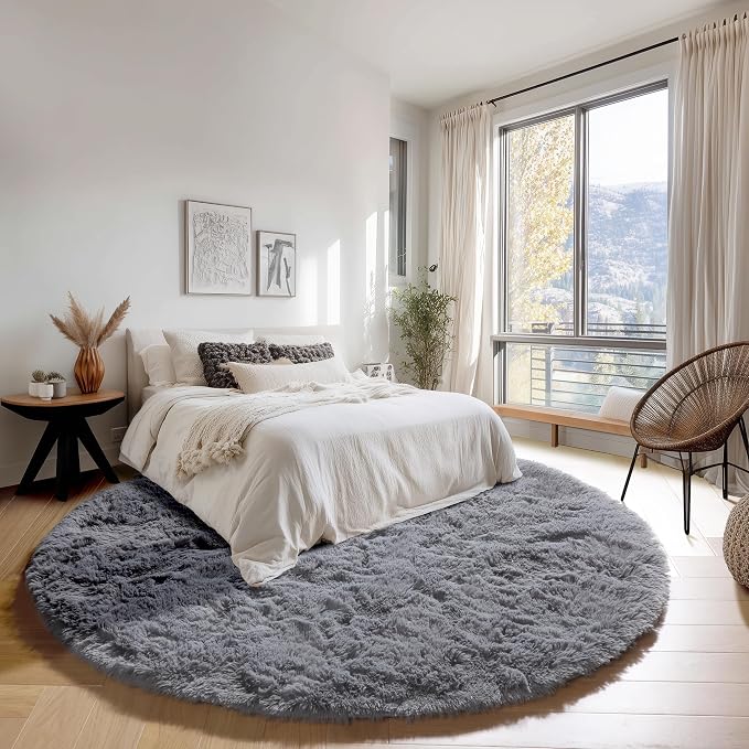 Grey Round Rugs 8ft for Living Room, Fluffy Bedroom Circle Area Rug, Soft Plush - Image 3