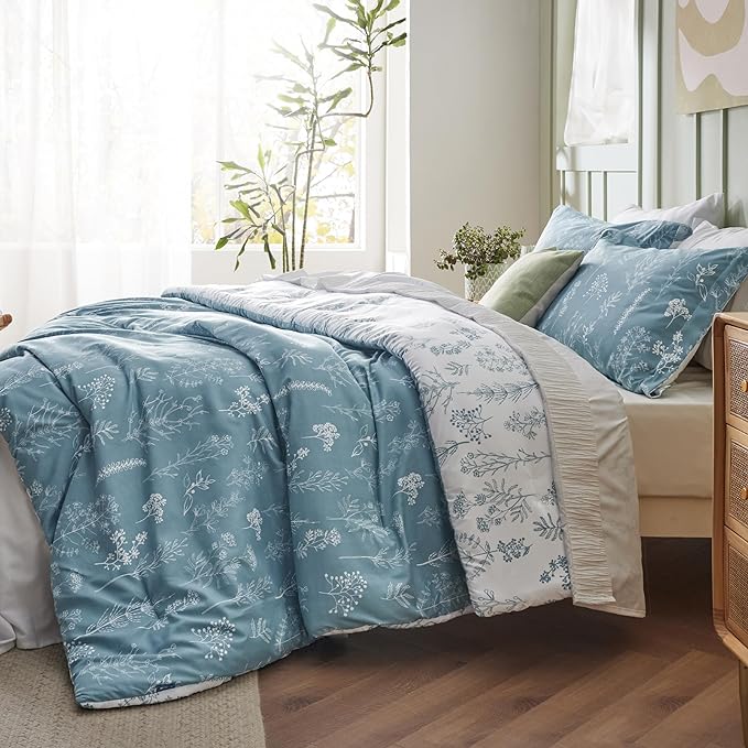 Bedsure Oversized Queen Comforter Set - Mineral Blue Bed Set, 3 Pieces Cute Floral Bedding, 1 Soft Reversible Botanical Flowers Comforter and 2 Pillow Shams