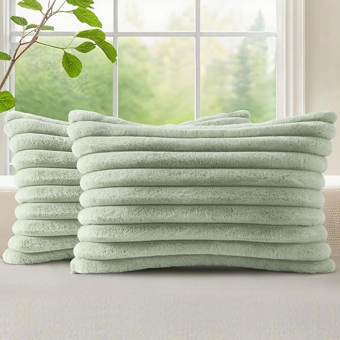 decorUhome Fall Faux Fur Throw Pillow Covers 12x20 Set of 2 Sage Green | by decorUhome