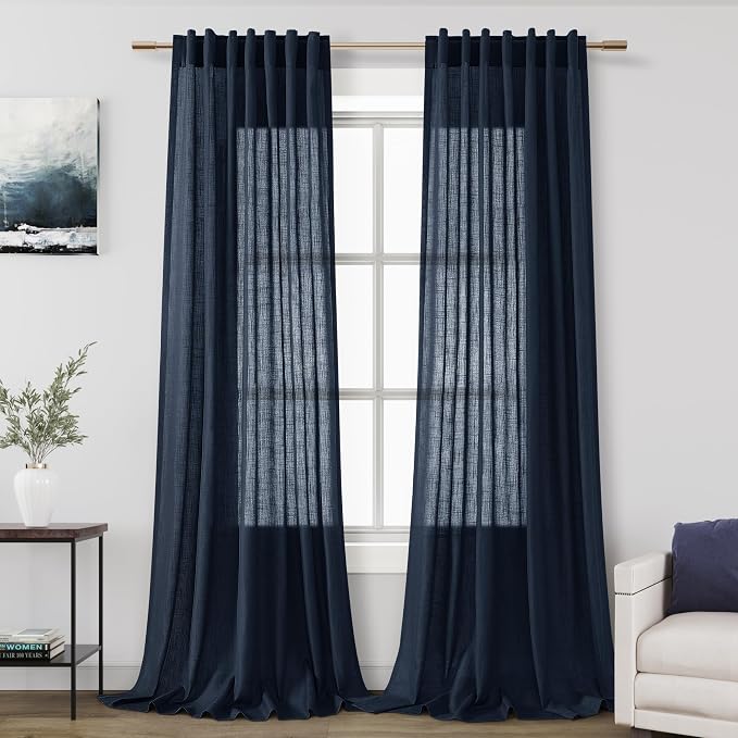 Navy Blue Linen Curtains for Living Room 2 Panels Set Extra Long Back Tab Light by Nanspring