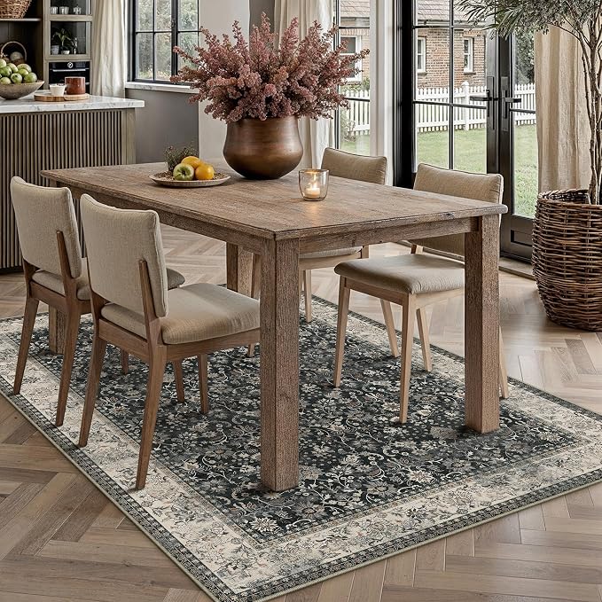 3x5 Black Beige Vintage Floral Washable Area Rug - Image 3